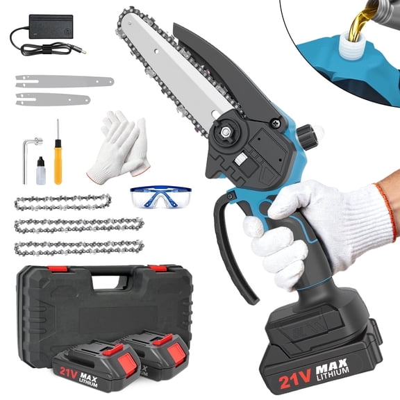 BAOKALER Mini Chainsaw, 4 & 6 inch Handheld Electric Chainsaw with 2×2.0Ah Batteries and 3 Chains for Tree Trimming Wood Cutting, Blue