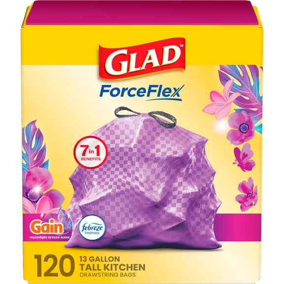 Glad ForceFlex 13-Gallon Drawstring Tall Kitchen Trash Bags, Gain Moonlight Breeze Scent, 120 Bags