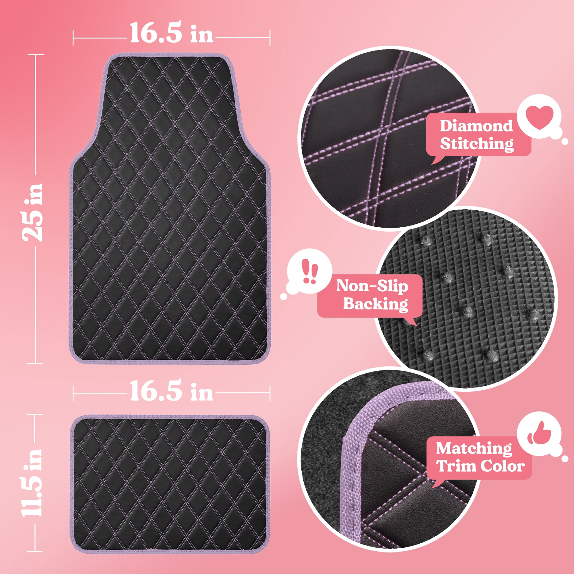 Carbella DiamondLuxe Car Floor Mats, Stylish Faux Leather Car Mats with Diamond Stitched Detail and Matching Taping, Universally Sized All-Weather Floor Mats for Cars Trucks SUV, Full (Purple)