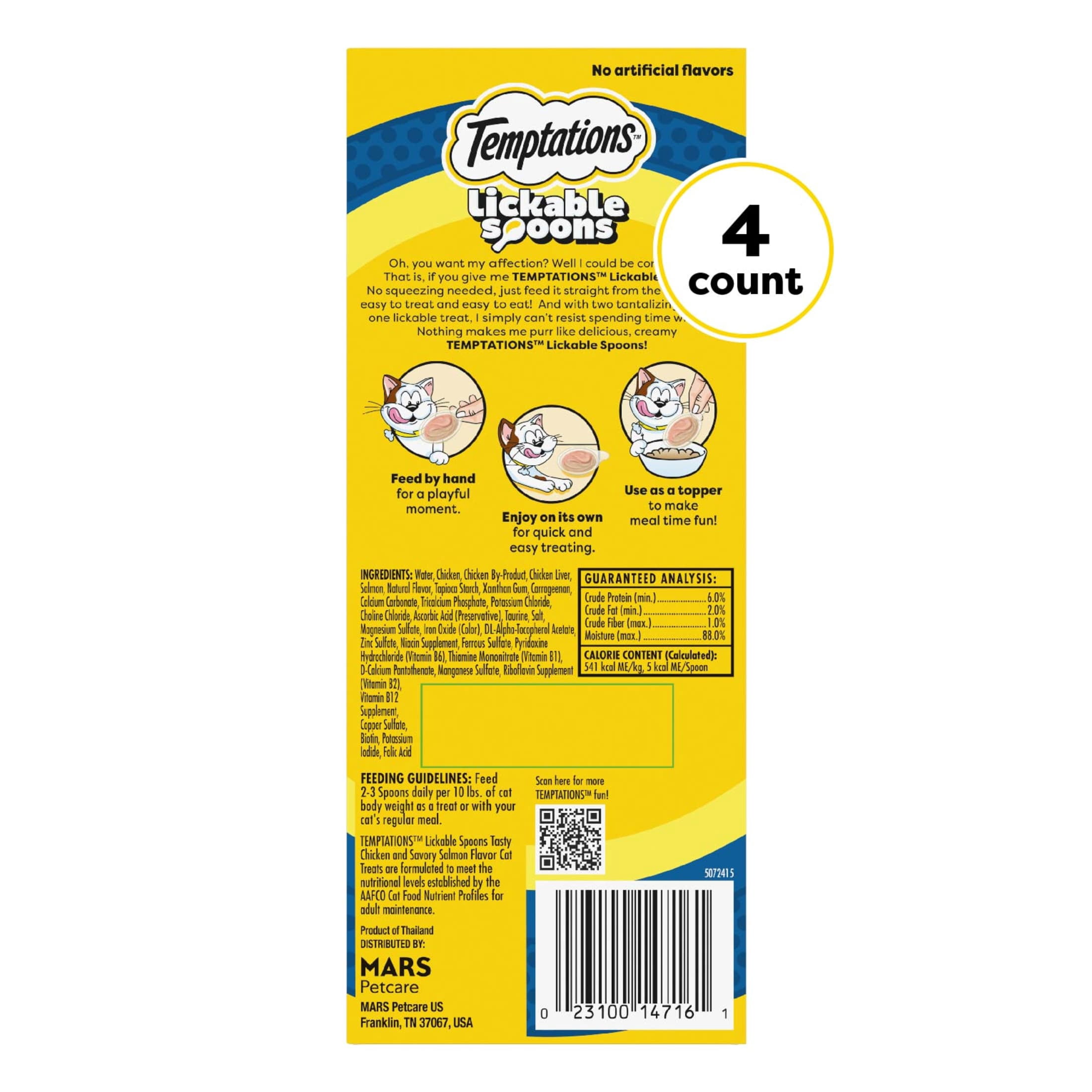 (12 pack) Temptations Lickable Spoons Wet Cat Treat, Tasty Chicken and Savory Salmon, 10 Grams, Pack of 4
