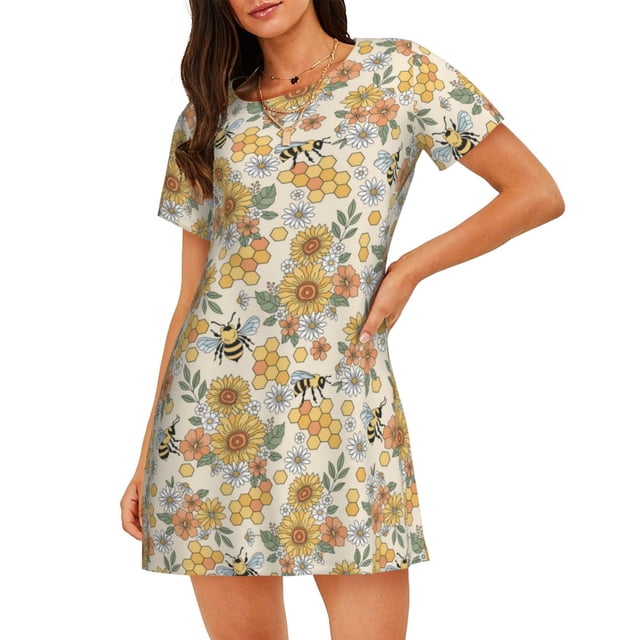 Balery Hippie Bee Honeycomb Camisón de manga corta con cuello redondo para mujer, cómodo y elegante.