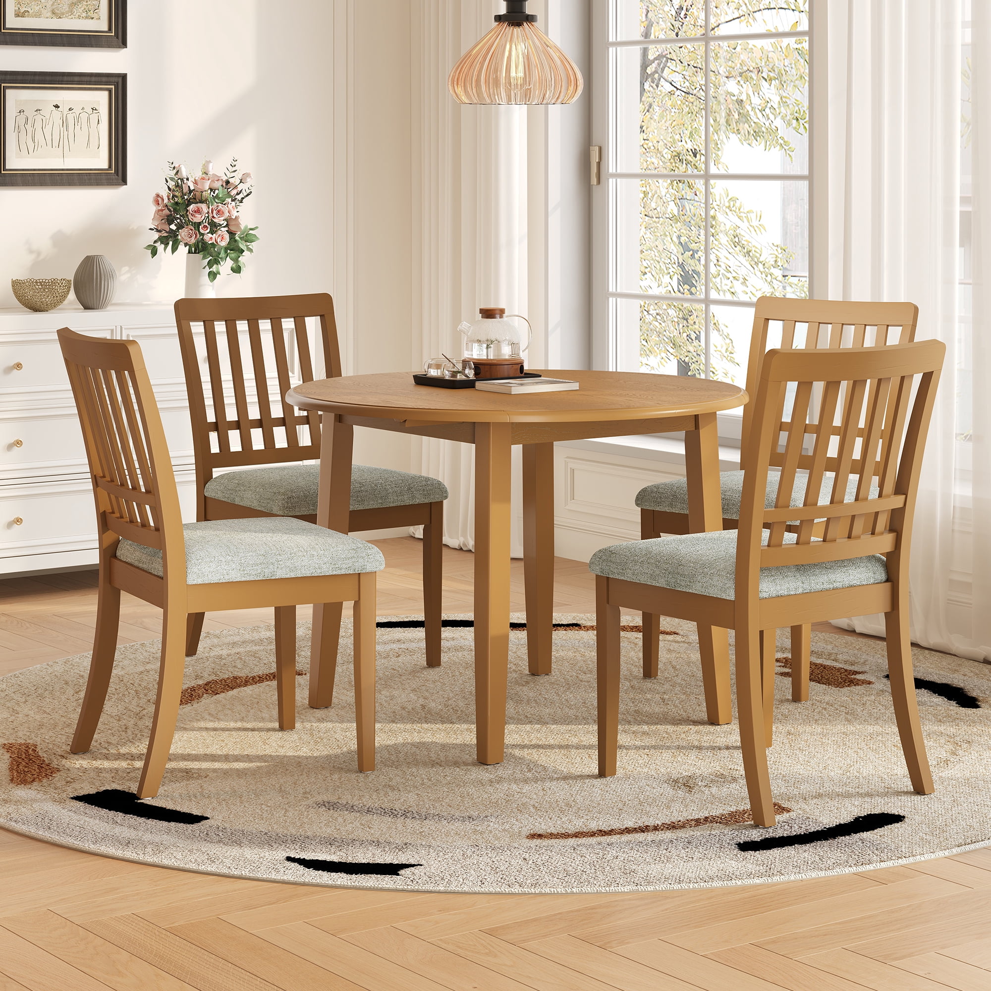 Euroco 5-Piece Round Dining Table Set for 4, Folding Wood Dining Table with 4 Upholstered Chairs, Farmhouse Kitchen Table Set for Small Space,Apartments,Light Brown