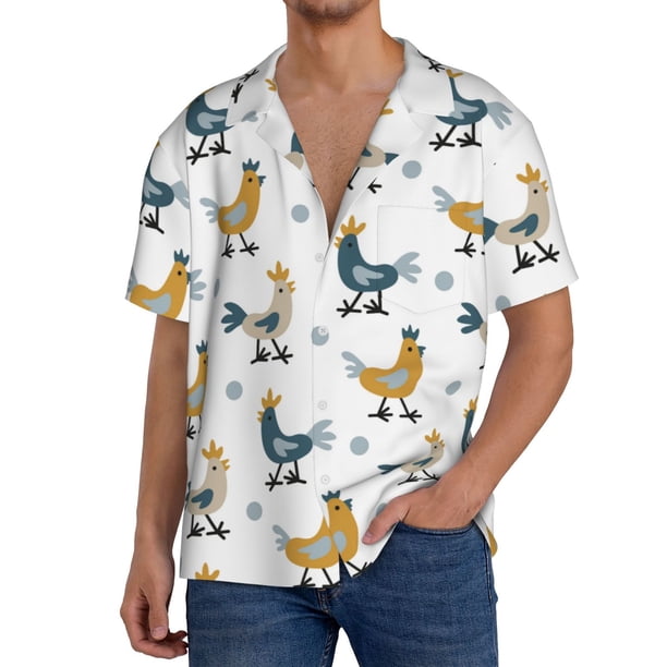 Fotbe Farm Roosters Camisa Estampada de Manga Corta para Hombre, Casual de Verano, Estilo Playero, Sin Arrugas-Medium