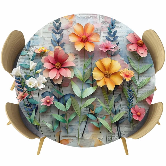 Spring Floral Fitted Tablecloth with Elastic Edged, Round Table Cloth for Dining Table, Farmhouse Flowers Summer Botanical Waterproof Oil Proof Table Cover for Indoor Outdoor 45"-54"