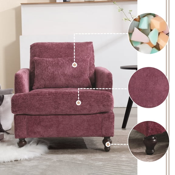 Wood Frame Armchair, Modern Accent Chair Lounge Chair for Living Room, Tufted Club Chair, Mid Century Modern Arm Chairs with Studded, Solid Wood Frame, for Bedroom, Reading (Wine Red Chenille)