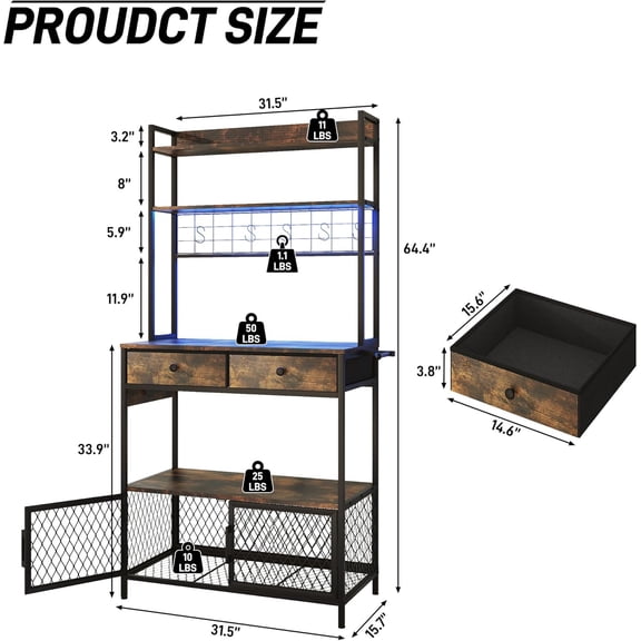 64 inch Coffee Bar Cabinet with Power Outlets and Drawers, 5-Tier Bakers Rack with Storage, Microwave Stand for Kitchen Industrial Coffee Bar Station with LED Lights and Hook