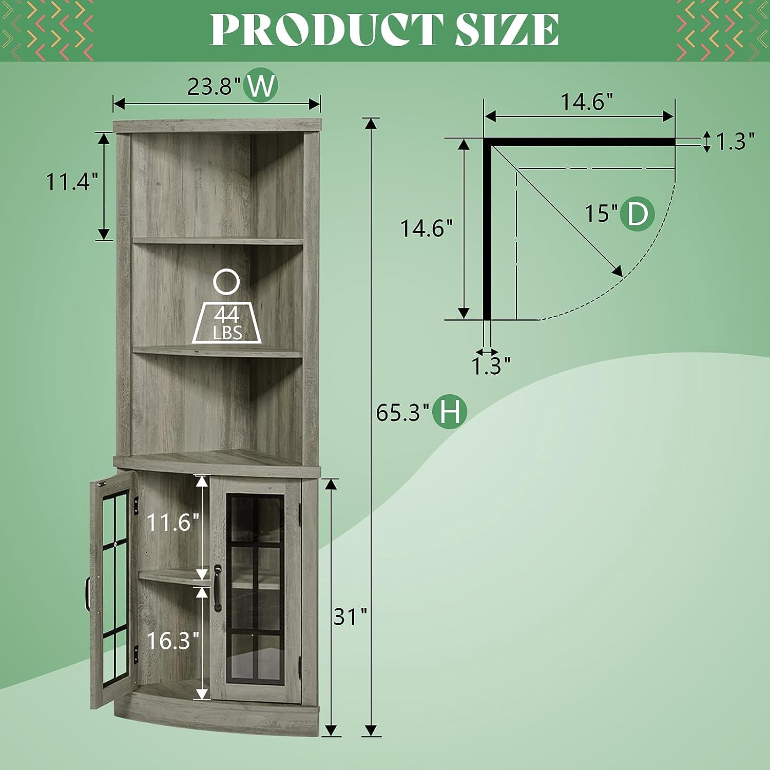 VANACC Curved Corner Storage Cabinet, 65" Bookcase with Doors & Shelves, Living Room, Washed Grey