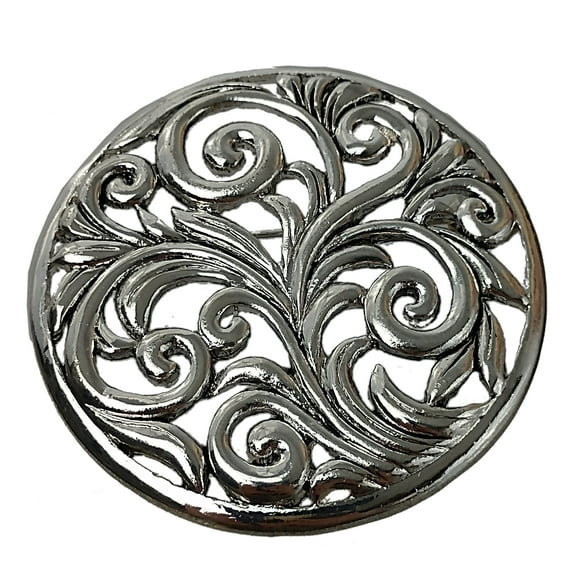 Large Round Silver Tone Openwork Leaves Nature Brooch Pin Womens Adult Fashion
