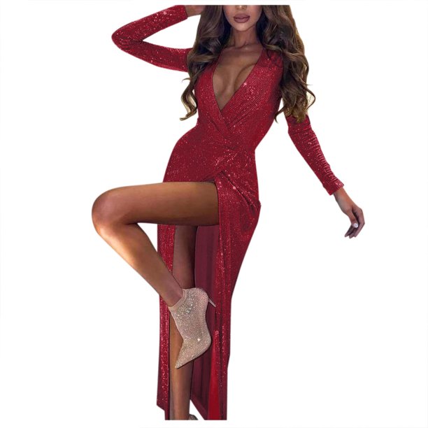 Gibobby Vestidos largos elegantes Vestido de fiesta de lentejuelas para mujer Corte Manga larga Damas Clásico con cuello en v Vestidos de baile(Rojo,XL)