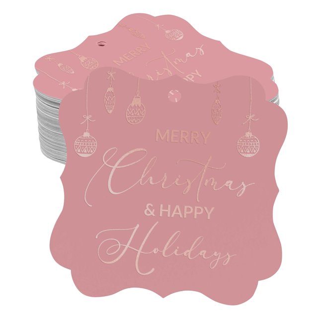Inkdotpot Real Rose Gold Foil Merry Christmas & Happy Text Tags Favor Bracket Shape Hang Pack Of 100 Paper Tags