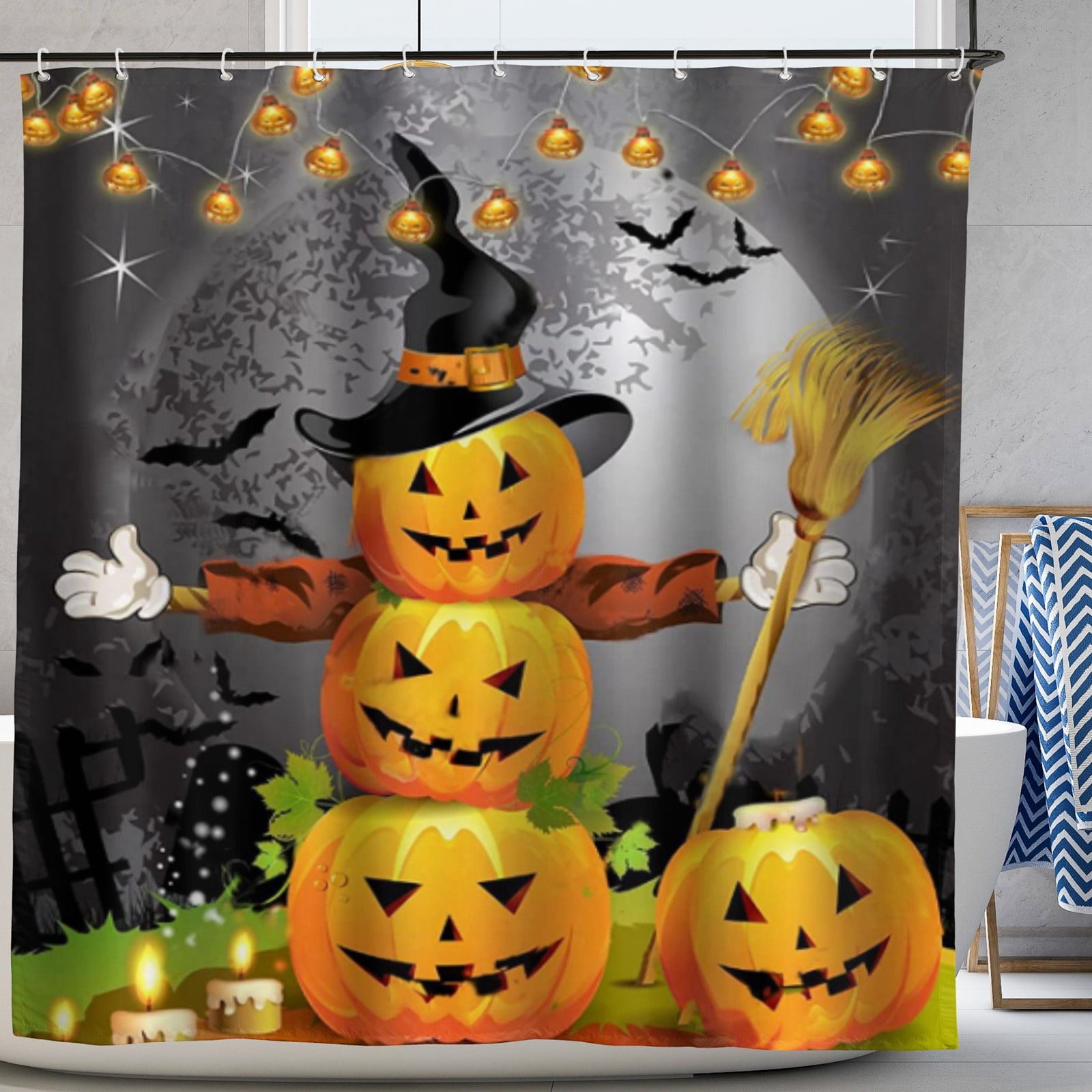 Details about   Happy Halloween Pumpkin Kids Candy Treat Waterproof Fabric Shower Curtain Set 