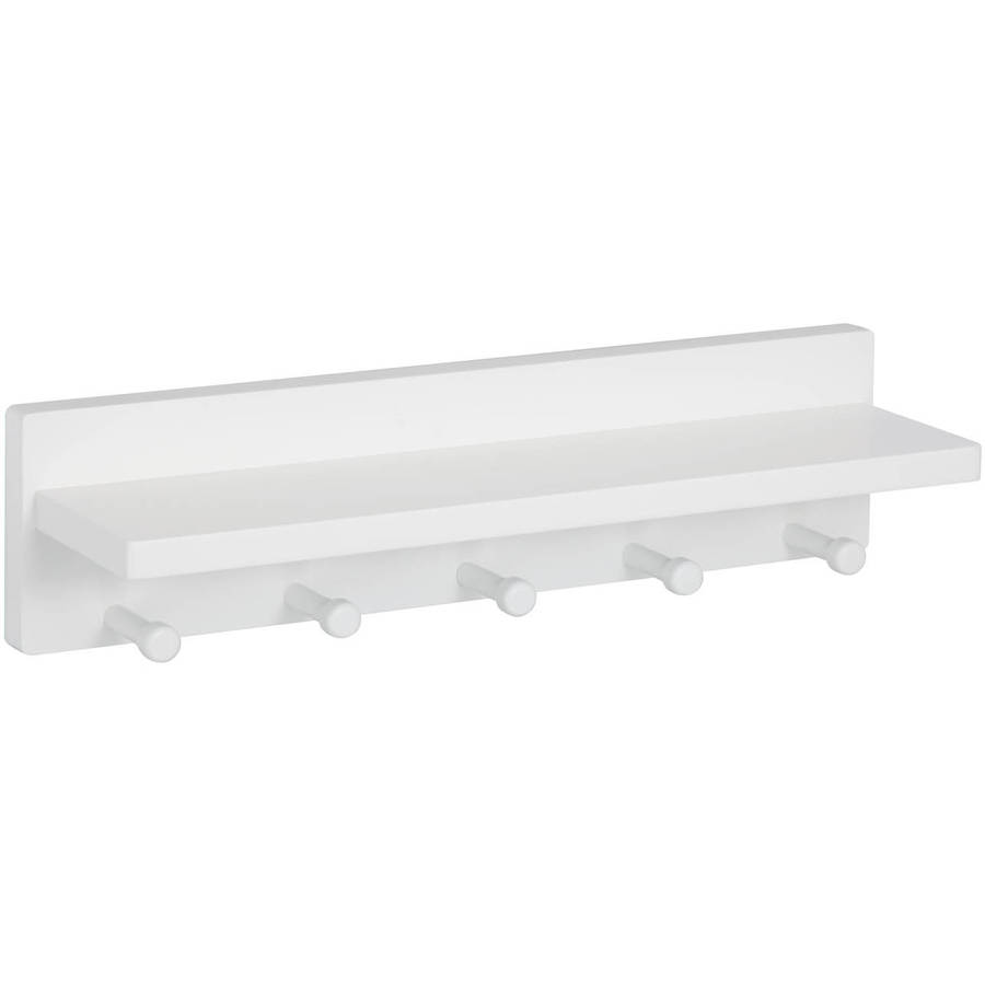 Honey Can Do Wooden Wall Shelf with 5 Pegs and Upper Shelf, White