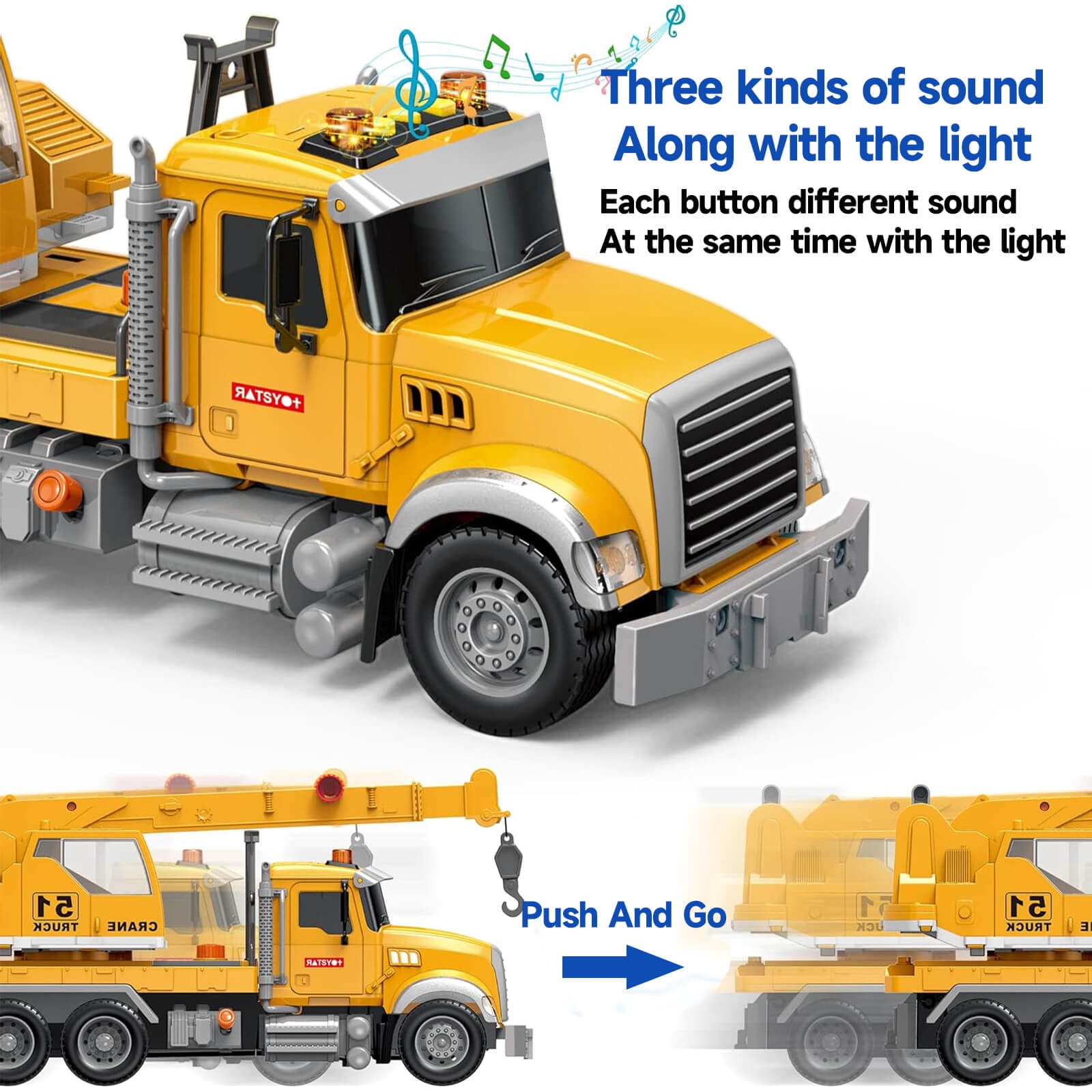 15" Construction Crane Truck Toy With Lights & Sounds - Realistic Friction-powered Engineering Vehicle With Movable Arm & Working Headlights | STEM Educational Gift for Kids