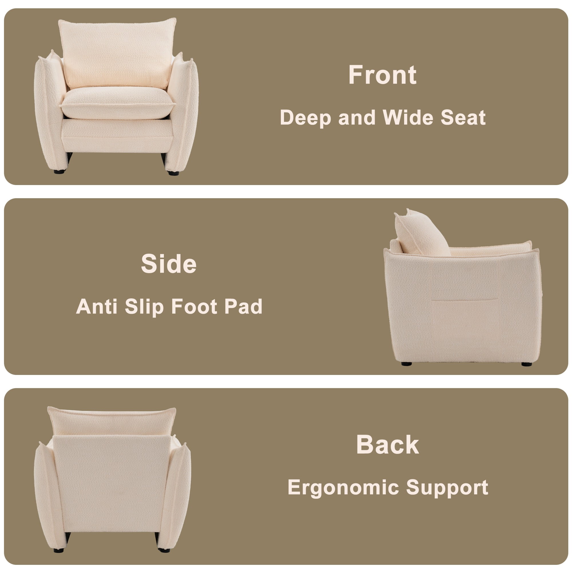 ENYLAY Modern Beige Cloud Chair, Plush Upholstered Sofa Chair, Comfy Single Armchair with Removable Cushions for Living Room, Bedroom, Office