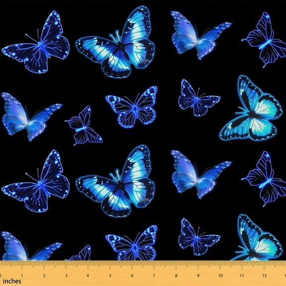 Homewish Dreamy Neon Butterfly Fabric by the Yard 1 Yard, Kawaii Black Blue Animal Room Decor Fabric by the Yard, Teens Girls Kids Female Sewing Fabric, Lightweight Room Decor