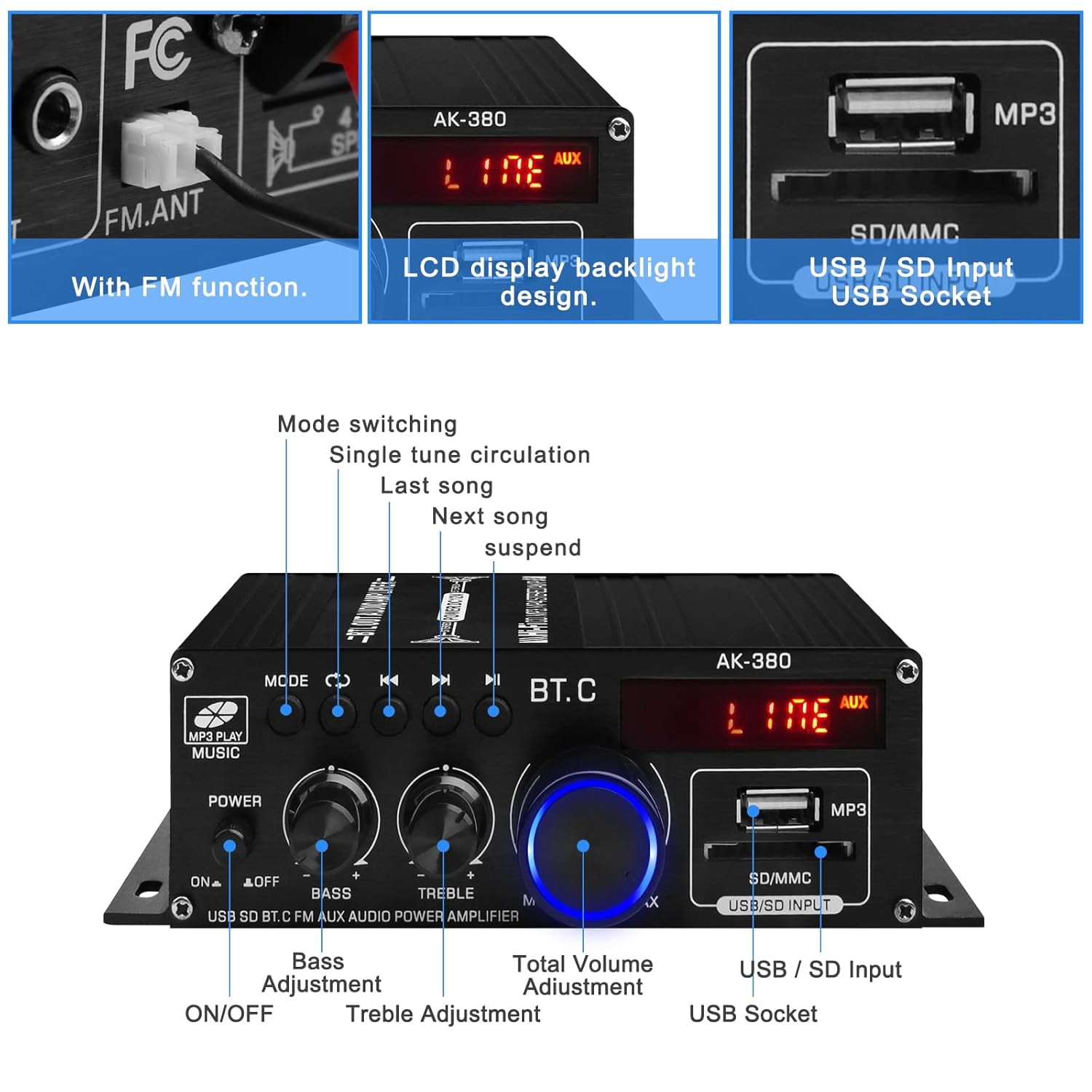 AK-380 USB SD BT.C FM AUX Audio Power Amplifier 400W+400W 2.0 CH HiFi Stereo AMP Speaker Bluetooth 5.0 Amp Receiver with 12V 5A Power Supply,FM Antenna for Car Home Bar Party
