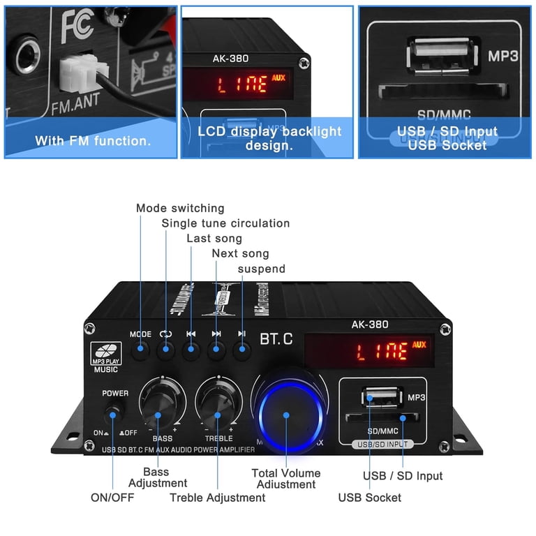 AK-380 USB SD BT.C FM AUX Audio Power Amplifier 400W+400W 2.0 CH
