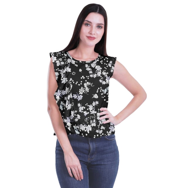 Moomaya Hauts pour Femmes Travail Décontracté Imprimé Col Rond à Volants Crop Top Décontracté