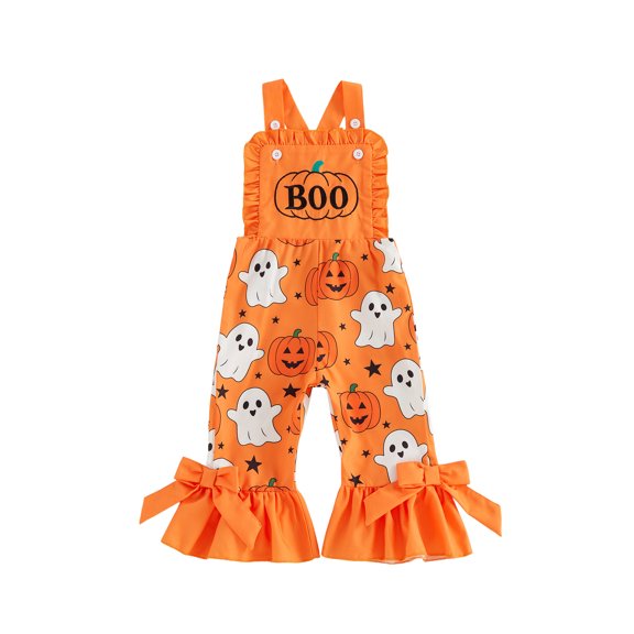 BemeyourBBs Kids Toddler Baby Girls Halloween Outfit Baby Girl Summer Fall Clothes Romper Overalls Cute Ghost Pumpkin Print Flare Pants Bell Bottom Jumpsuit Overalls