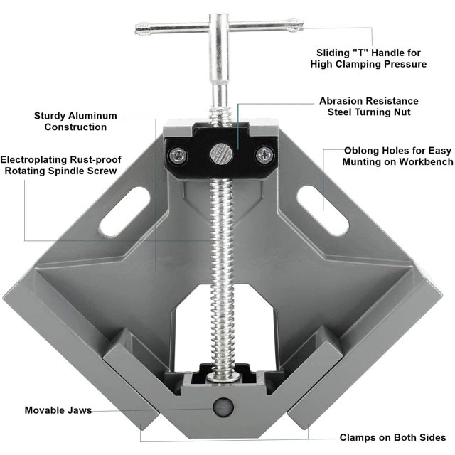 Abrazadera de esquina de ángulo recto Mango en forma de T Abrazadera de 90 grados Abrazadera derecha de ángulo de aleación de aluminio con mordaza oscilante ajustable para marco de fotos de carpintería Soporte de tornillo de banco (gris) ZefeiWu 8390614386297