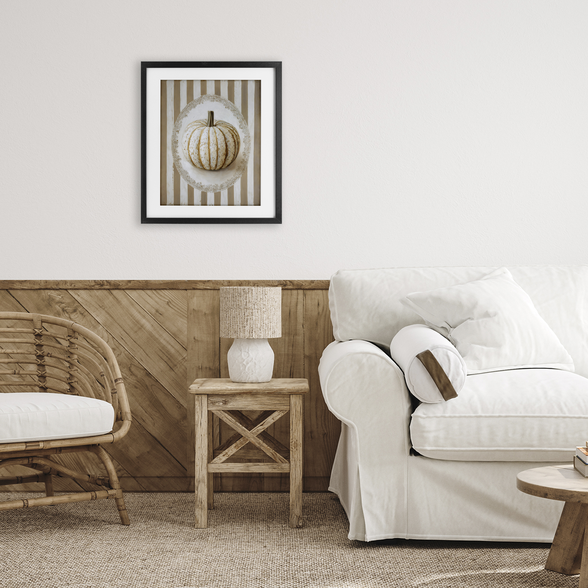 Beige Stripes Pumpkin Black Framed Print Under Glass, design by Arlington Prints