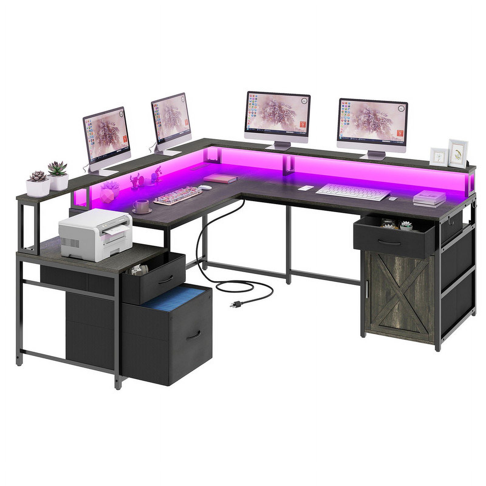 Uforic L Shape Desk with 3 Drawers& Monitor Stand, Reversible Computer Desk with LED Light& Power Outlet, Corner Gaming Desk Home Office Desk, Gray
