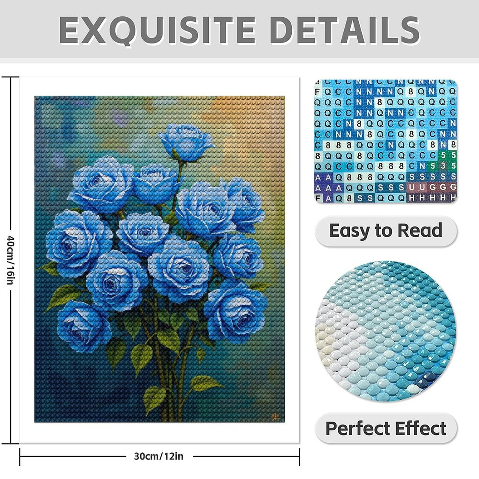 Diamond Art Kit for Adults, Blue Roses Floral Bouquet Art Diamond Painting for Adults Beginners, 5D DIY Diamond Art Painting Kits, Colorful Diamond Painting Craft for Home Decor 12x16
