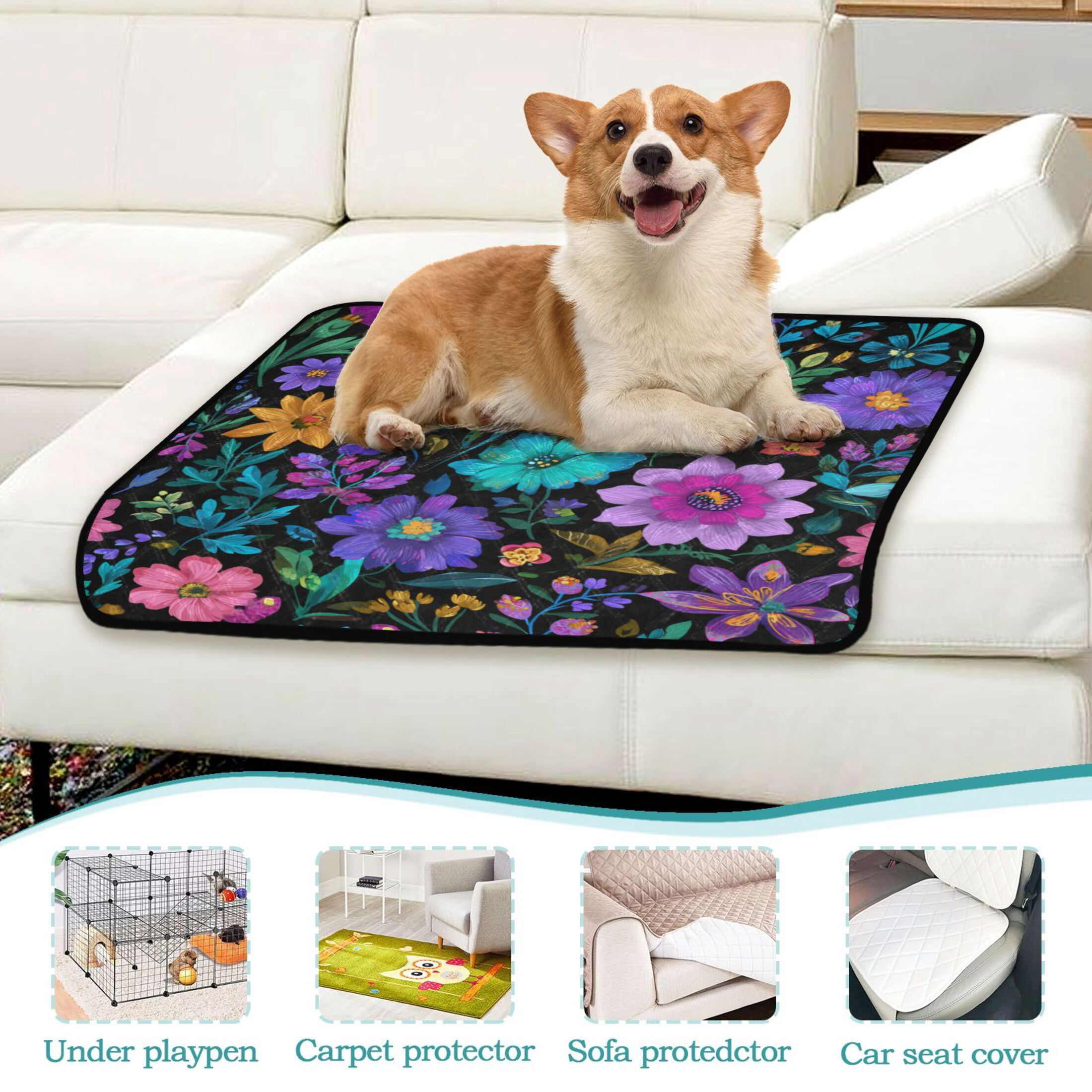 Washable Pet Pee Pads with Super Absorbent Reusable Training Pads for Dogs & Cats Colorful Flowers and Vines