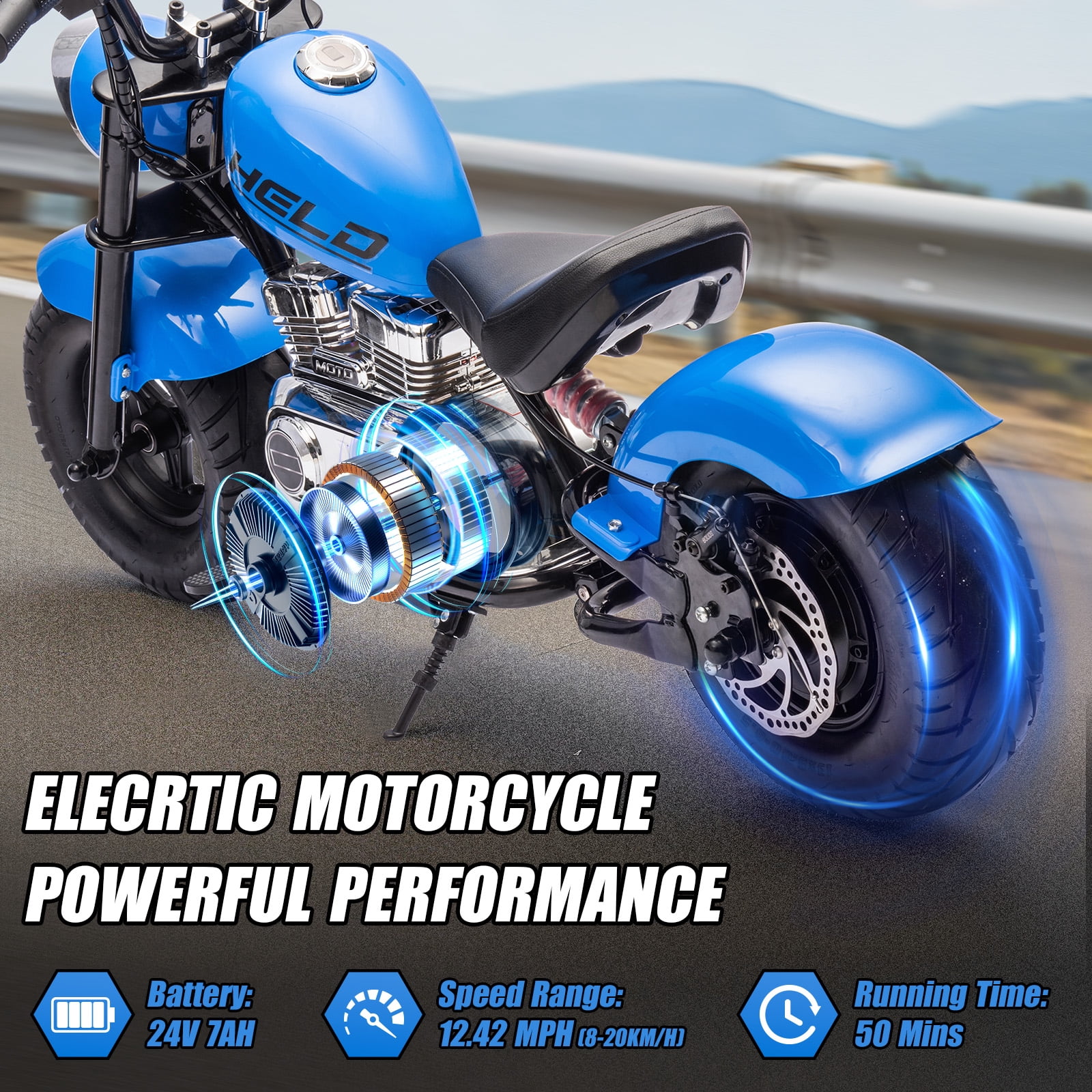 MUKIDY 24V Electric Motorcycle for Kids, 250W Ride on Motorcycle with Twist Grip Throttle, Key Start, Music, Speed up to 12.4 mph, Age 8+, Blue