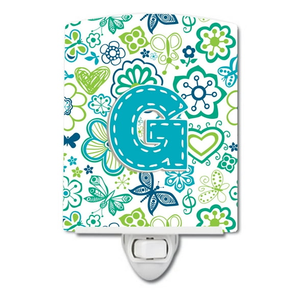 Caroline's Treasures CJ2006-GCNL Letter G Flowers and Butterflies Teal Blue Ceramic Night Light, 6x4x3", multicolor