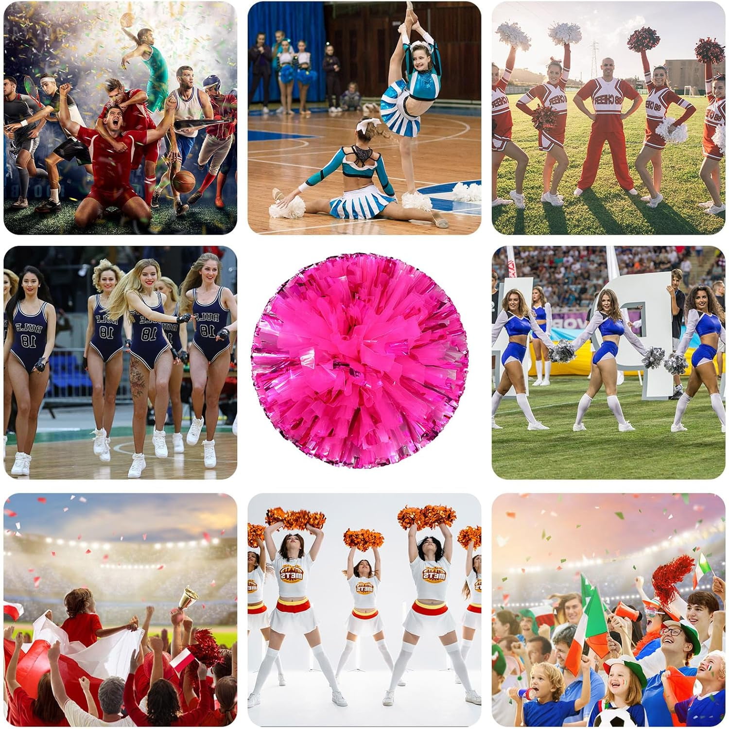 Cheerleader Pom Poms 12 Pack Sports Dance Cheering Plastic Metallic Cheerleading Pom Poms for Kids Adults-Ring Style