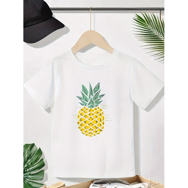 Home Relaxation | Girls' Summer Casual Crew Neck T-Shirt, 95% Cotton 5% Spandex Knit Top with Pineapple Print, Comfortable Regular Fit Tee for Youngsters, Playful Tropical Top | Summer Vibe Shirt | C