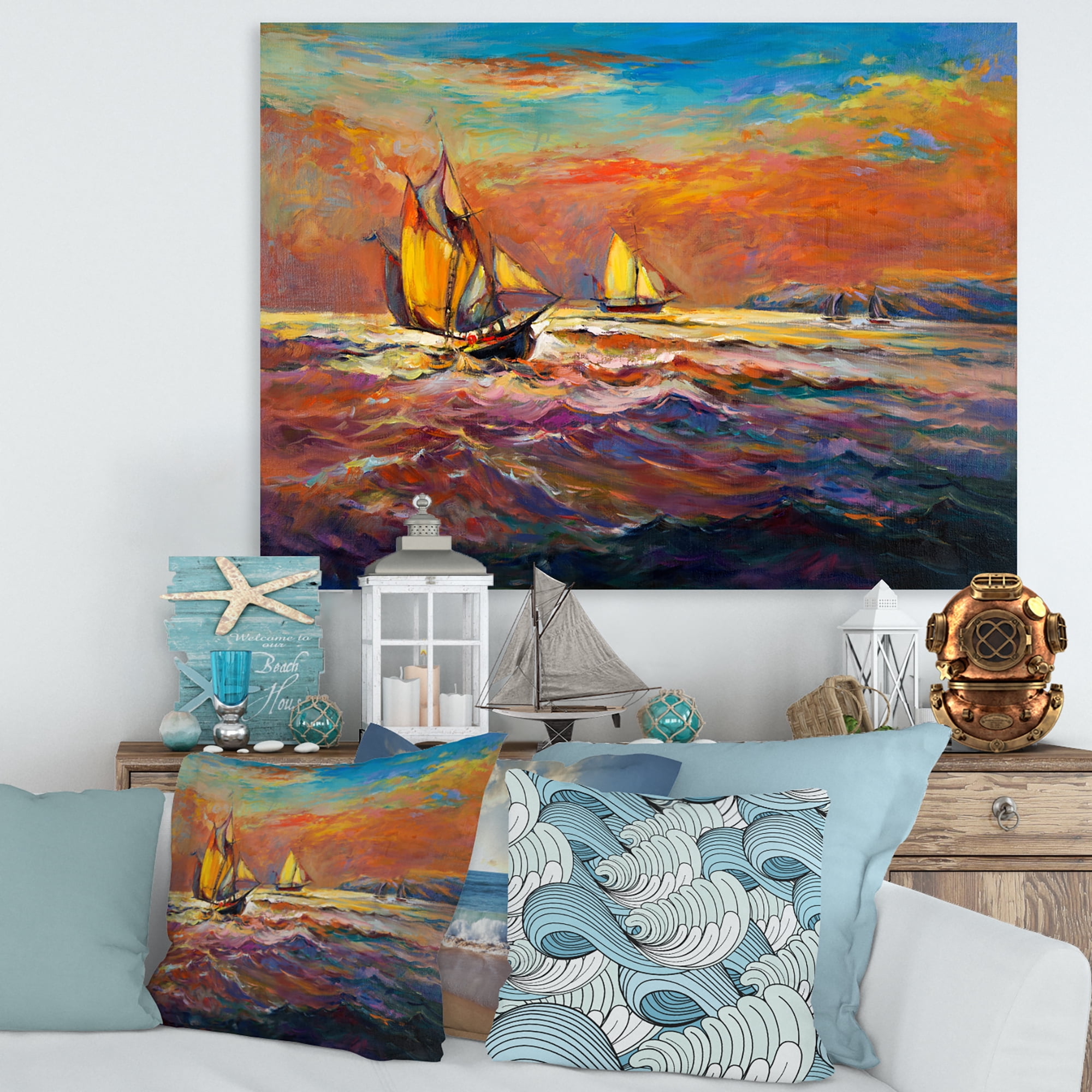 Designart ' Sailships On The Ocean Waves During Orange Evening Glow ' Nautical & Coastal Canvas Wall Art Print