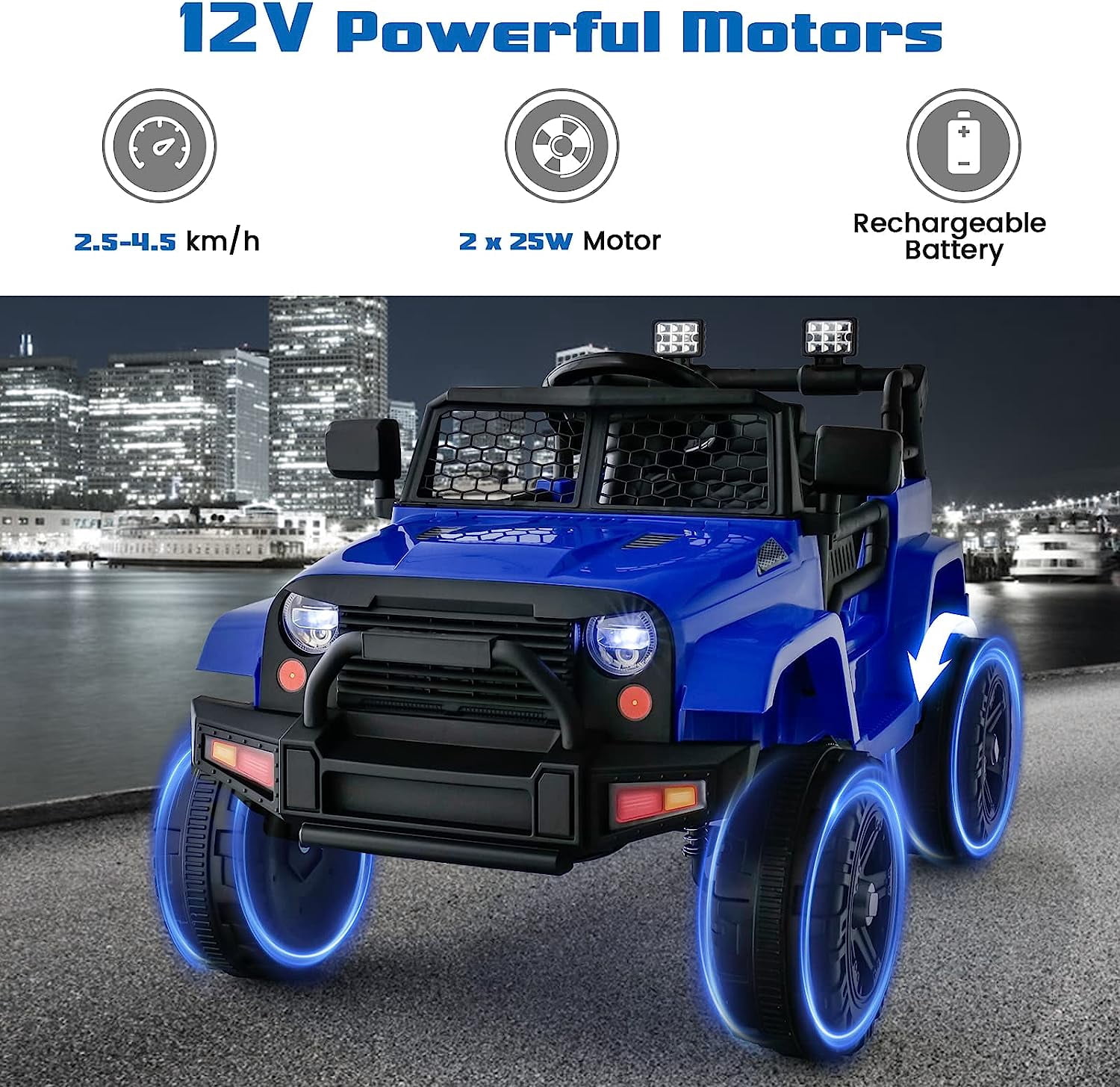 OLAKIDS Kids Ride On Truck, 12V Electric Vehicle Car with Remote Control, Toddlers Battery Powered Toy with 2 Speeds, Spring Suspension, Double Open Doors, LED Lights, Music, USB, Mp3 (Navy)