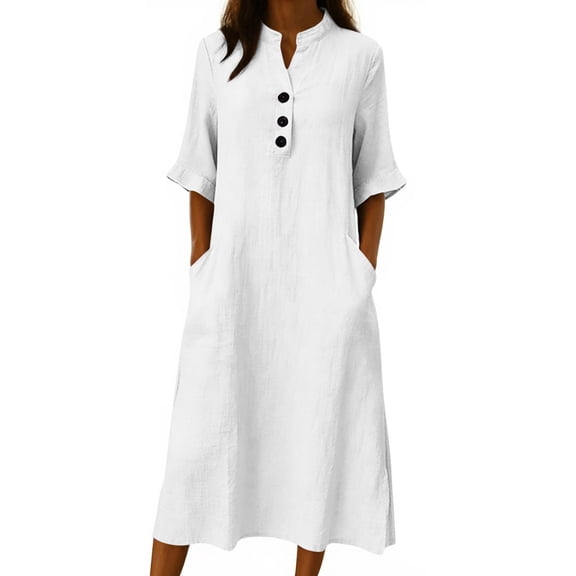 Womens Cotton Linen Dress Summer Casual Button Down Flowy Plus Size Maxi Dresses 3/4 Sleeve Shift Dress with Pockets