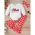 thumbnail image 3 of 2023 Newborn Baby Girls Valentines Clothes Set Long Sleeve Print Jumpsuit+ Heart Leopard Print Flare Pants+ Headband (Red Heart, 12-18 Months), 3 of 9