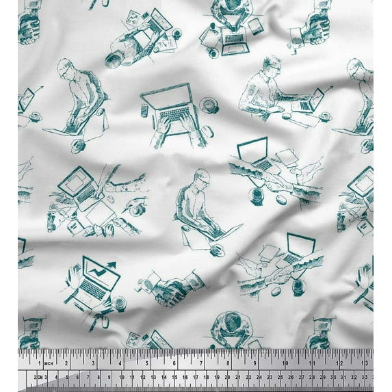 Soimoi Rayon Fabric Tea Cup,Laptop & Men Human Figure Print Fabric by The Yard 42 Inch Wide