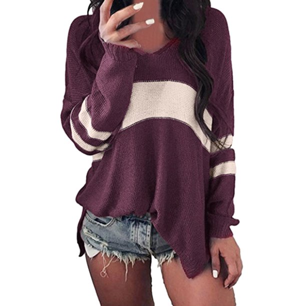 Gibobby Suéteres de invierno de manga larga con cuello en V para mujer Suéter de punto informal a rayas a la moda (Multicolor, M)