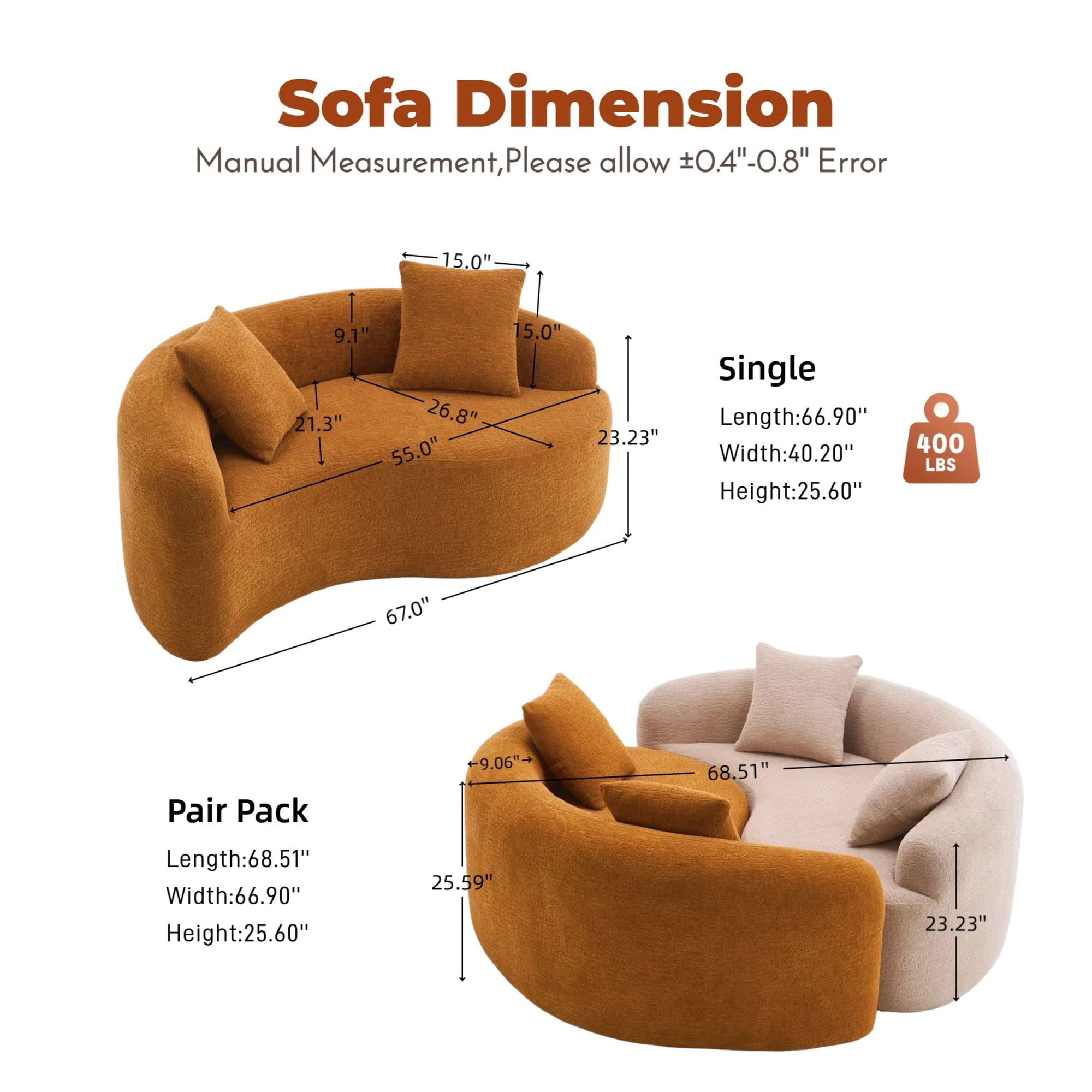 Sailvan S-Curved Chenille Sofa Loveseat, Dual-Depth, No Assembly, Compact for Small Spaces