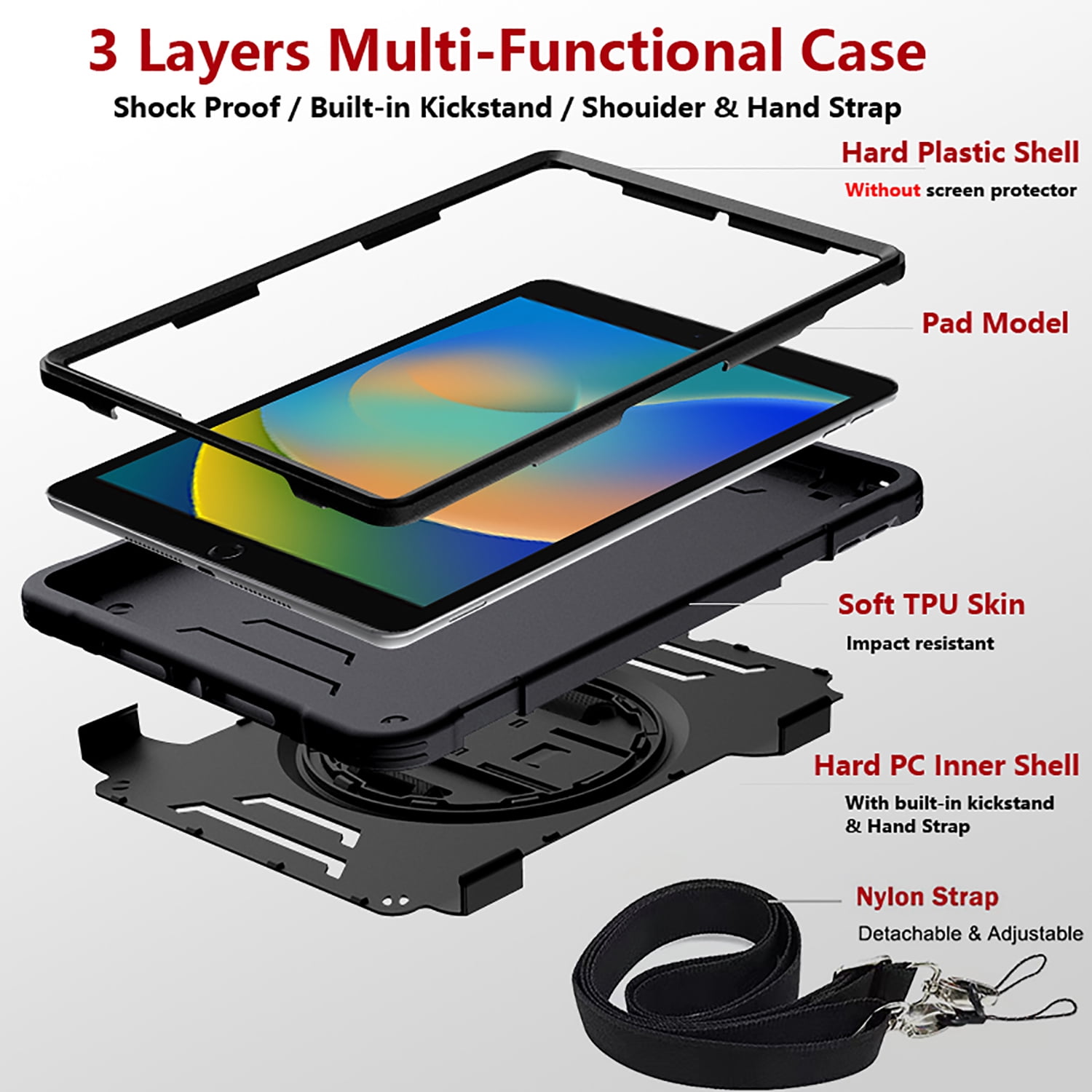 Shockproof Case for Apple iPad 9th/8th/7th Generation, with Pencil Holder Military Grade Protection Rotating Stand Hand Strap Shoulder Strap Bumper Rugged Case for iPad 10.2" 2021/2020/2019, Black