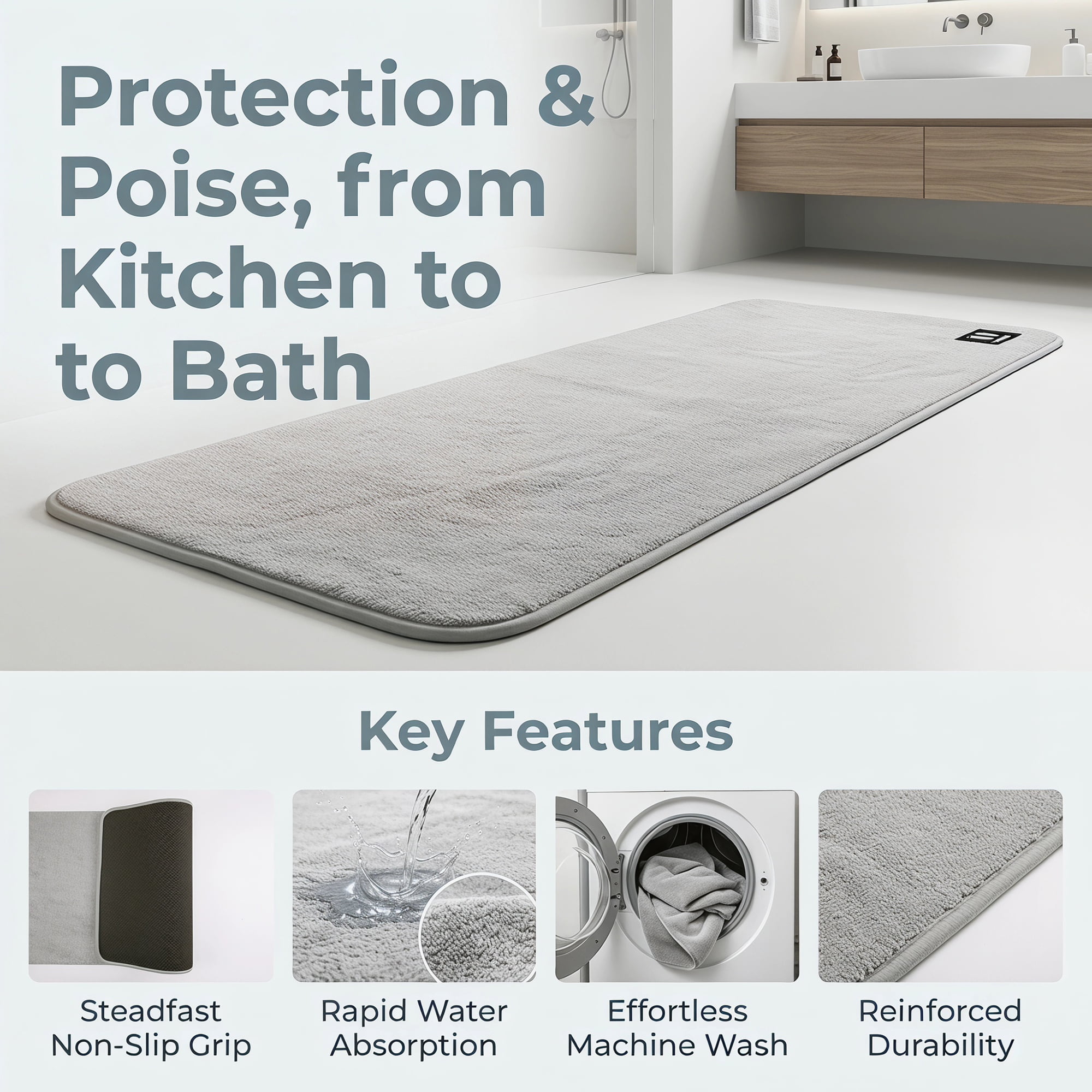 Unique Bargains Non Slip Absorbent Solid Color Polyester Runner Mat Light Grey 47" x 20"