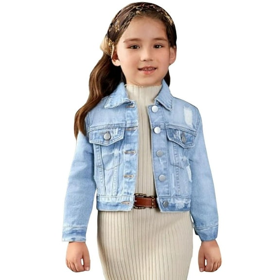 Mercatoo Kids Girls Denim Jackets Ripped Distressed 𝐕intage Casual Jeans Coats Long Sleeve Fall Button Front Jeans Outwear