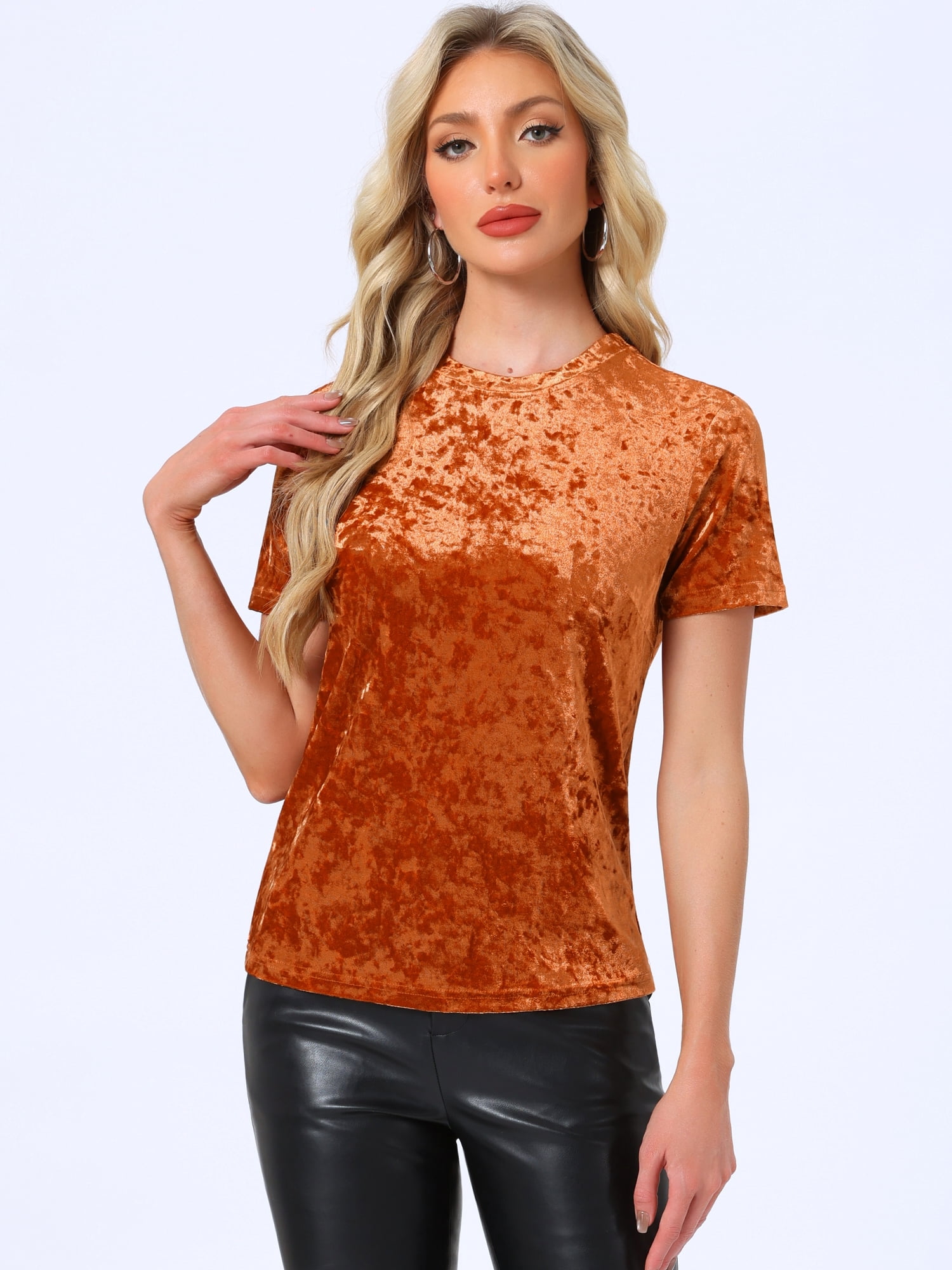 DARING DIVA Women's Christmas Velvet Top Crew Neck Short Sleeve T-Shirt M Orange Coffee