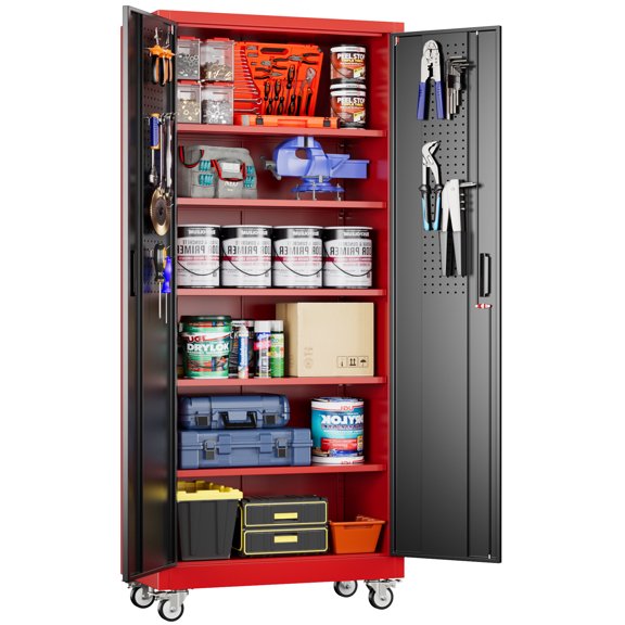 Supeer Locking Storage Cabinet with 5 Adjustable Shelves, Steel, Black&Red , Steel Garage Cabinet with Doors and Wheels, 71" H, Assemble Required