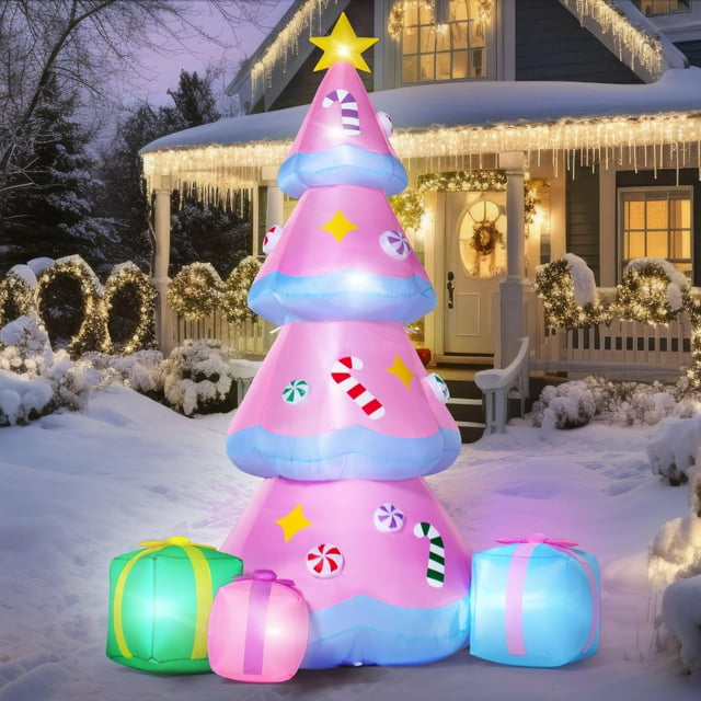 Árbol de Navidad inflable Joiedomi de 213 cm, rosa, con luces LED