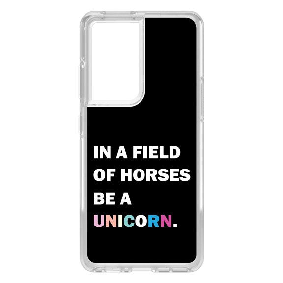 DistinctInk Clear Shockproof Hybrid Case for Galaxy S21 ULTRA 5G (6.8" Screen) - TPU Bumper, Acrylic Back, Tempered Glass Screen Protector - In a Field of Horses, Be a Unicorn - Rainbow
