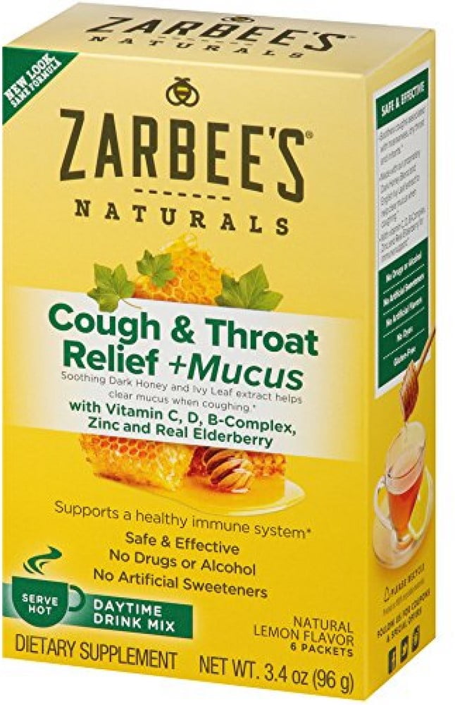 Zarbee's Naturals Cough & Throat Relief + Mucus Daytime Drink Mix with Dark Honey, Vitamin C, D