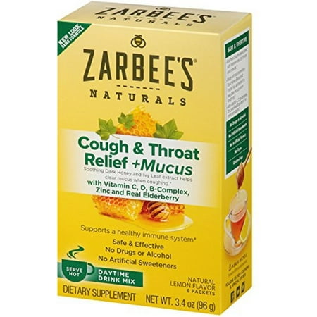 Zarbee's Naturals Cough & Throat Relief + Mucus Daytime Drink Mix with Dark Honey, Natural Lemon Flavor, Packets 6 ea