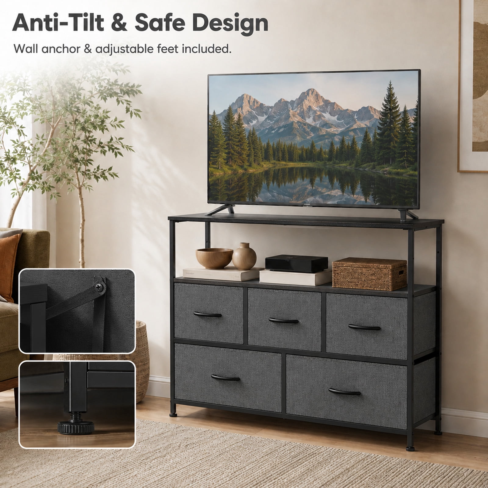 Alvantor Tall Fabric Dresser, TV Stand Media Console, 5 Drawer Storage Tower with Wooden Top for Bedroom, Entryway, Nursery