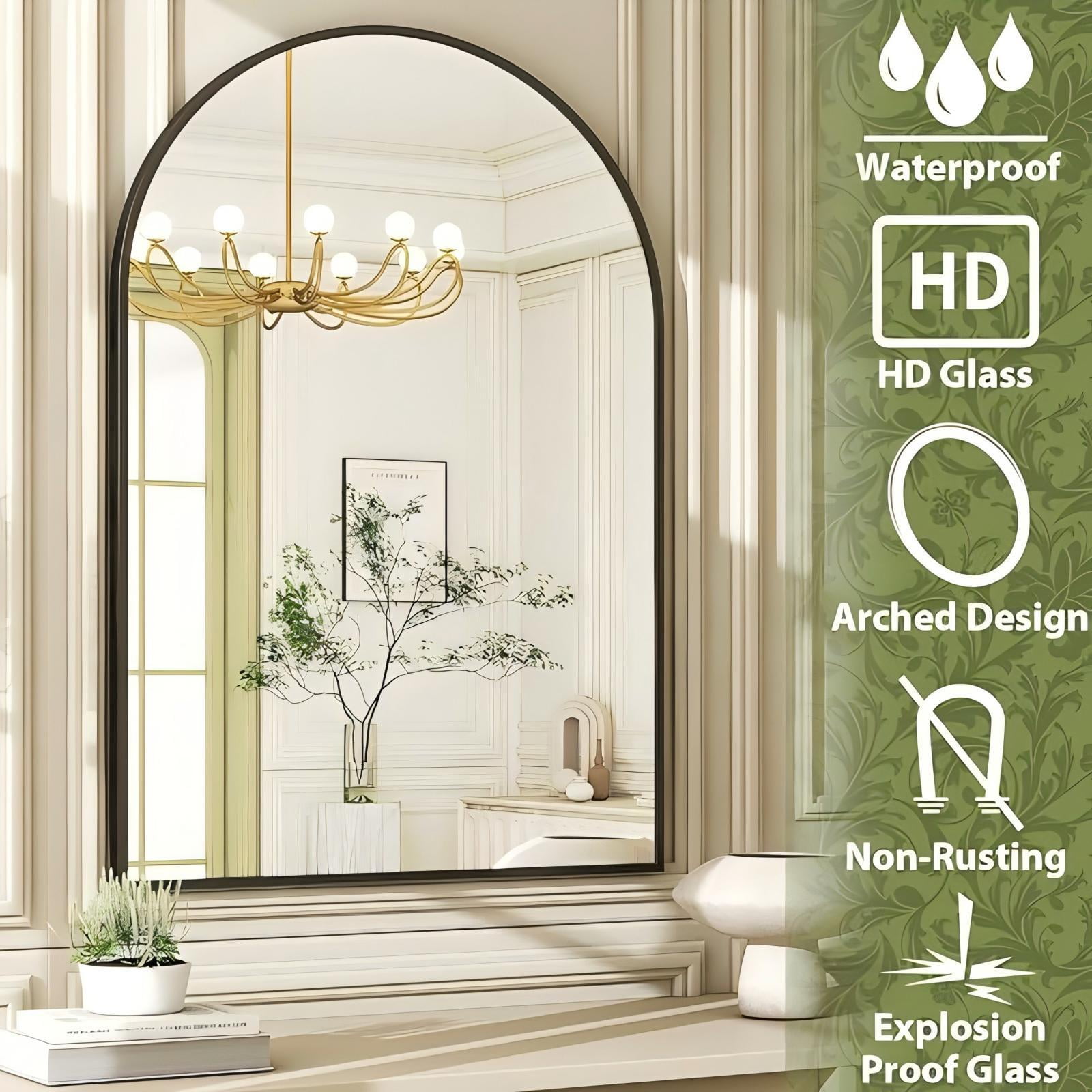 Anyrose 16" x 24" Arch Bathroom Mirror Wall Mounted Vanity Mirror with Aluminum Alloy Frame, Black